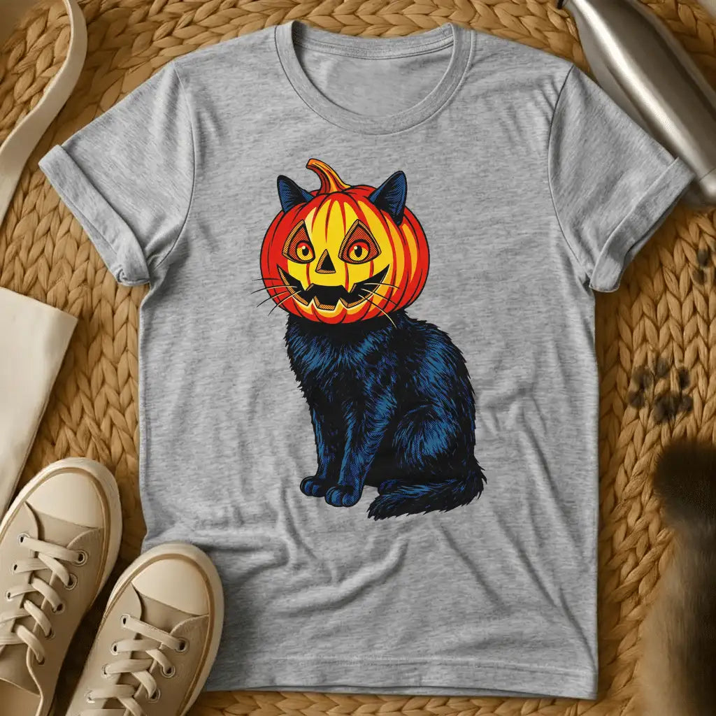 Sport Grey - Black cat wearing a carved jack-o'-lantern pumpkin head with yellow face and blue ears on sage green t-shirt