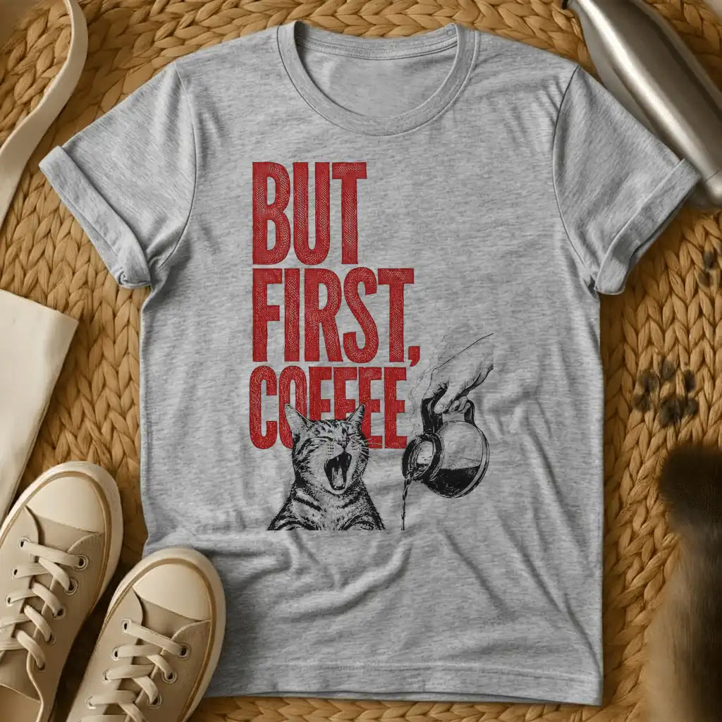Sport Grey - Light blue t-shirt with a screaming tabby cat and coffee carafe illustration and red distressed But First Coffee text