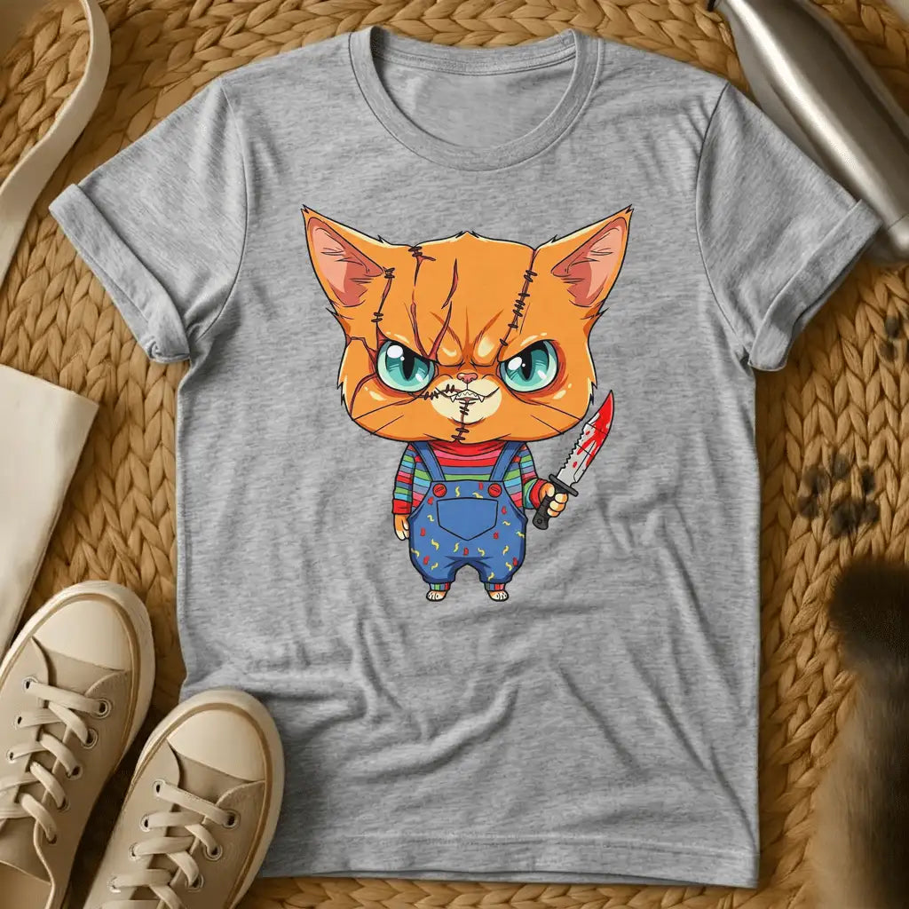 Sport Grey - Olive green t-shirt with a chibi scarred orange tabby cat in striped shirt and overalls holding a bloody knife