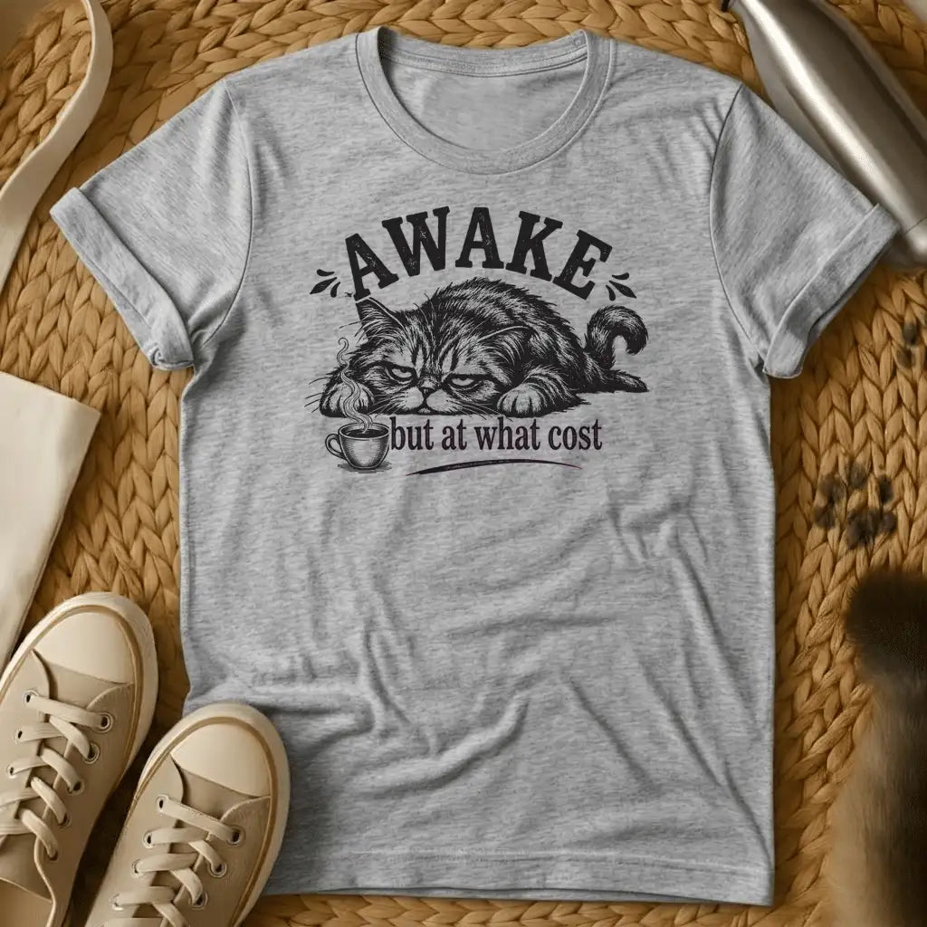 Sport Grey - Navy t-shirt with a grumpy lounging cat and coffee cup illustration reading Awake But At What Cost in vintage engraving style