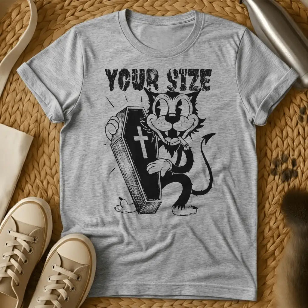 Sport Grey - Navy blue t-shirt with white graphic of cartoon cat holding coffin with cross, text reads "YOUR SIZE" in distressed font style