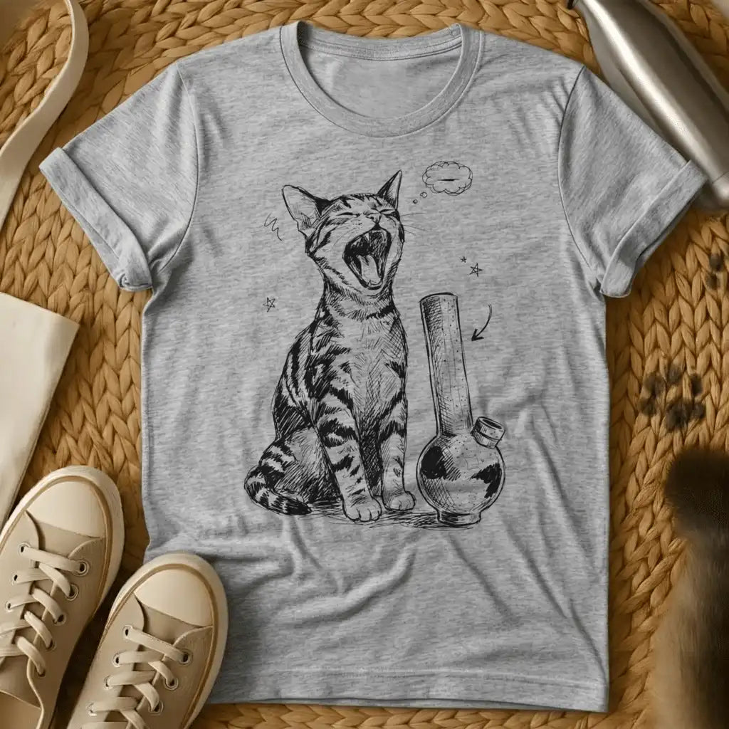 Sport Grey - Military green t-shirt with black ink sketch of a yawning tabby cat sitting next to a bong with stars and empty thought bubble
