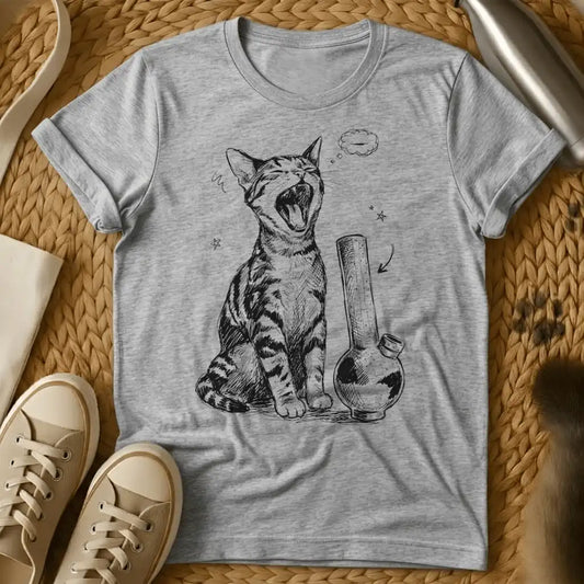 Sport Grey - Military green t-shirt with black ink sketch of a yawning tabby cat sitting next to a bong with stars and empty thought bubble