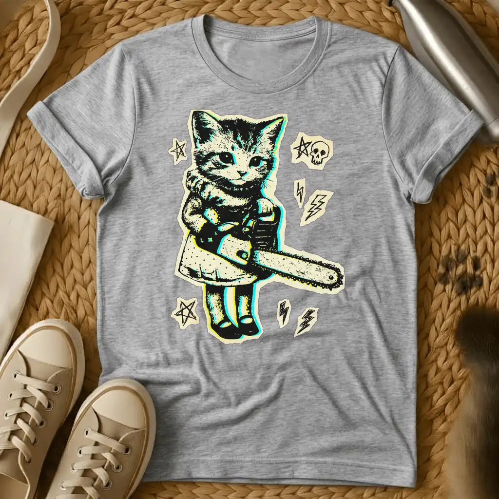 Sport Grey - Military green t-shirt with a neon retro print of a kitten in boots holding a chainsaw surrounded by skulls pentagrams and lightning bolts