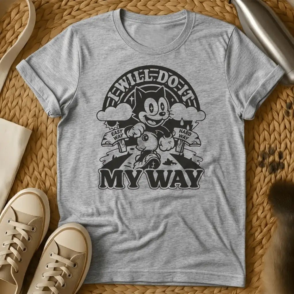 Sport Grey - Navy t-shirt with vintage rubber-hose cartoon cat striding forward holding a bag, flanked by Easy Way and Hard Way banners, text reads I Will Do It My