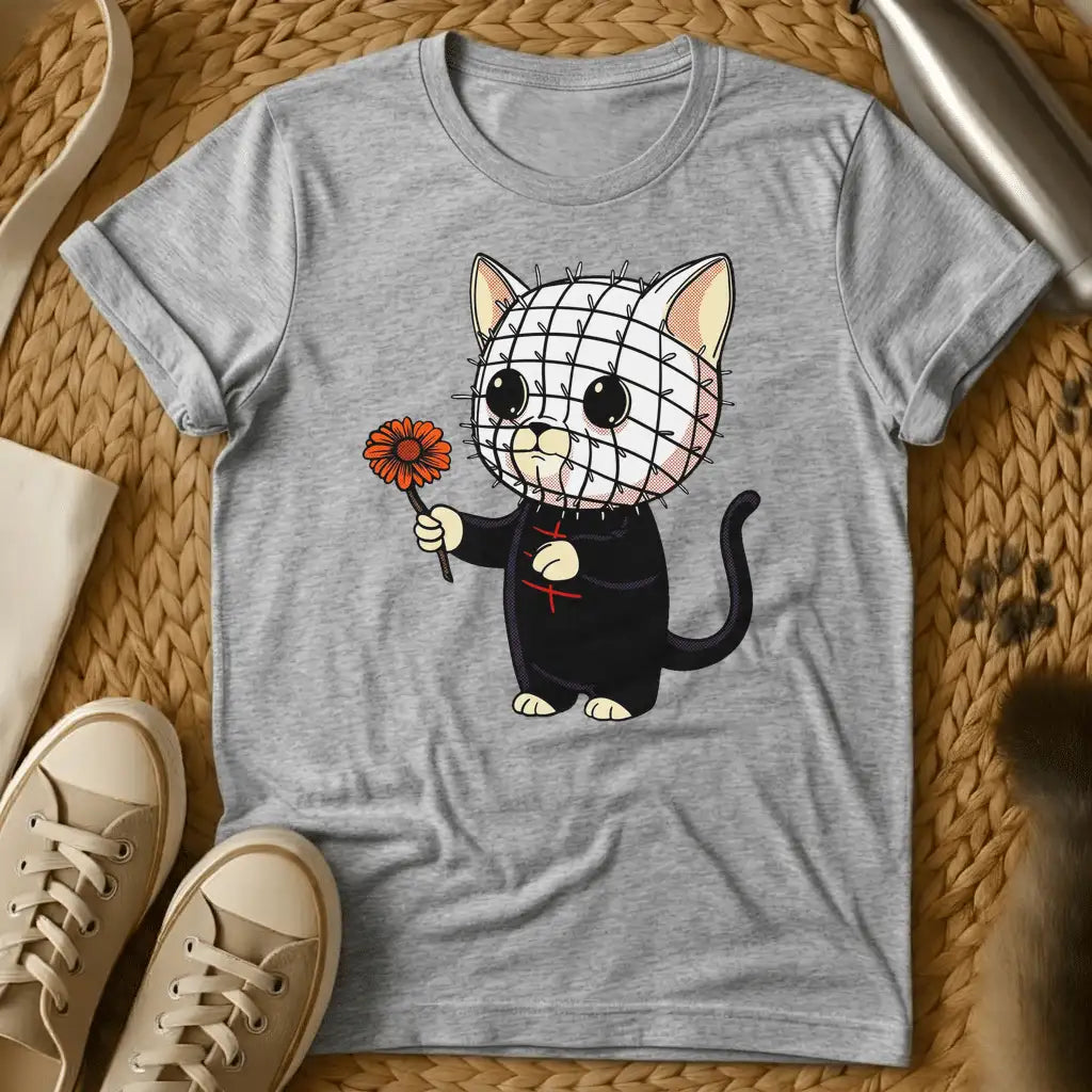 Sport Grey - Gray t-shirt with kawaii cat cartoon, pin-covered stitched face, black outfit, holding orange daisy flower, horror parody art style