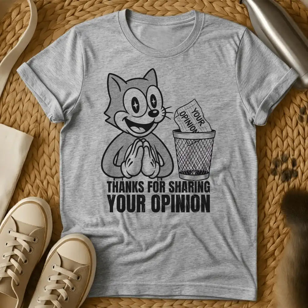 Sport Grey - Military green t-shirt with retro cartoon cat grinning as a paper labeled Your Opinion lands in a wire trash can