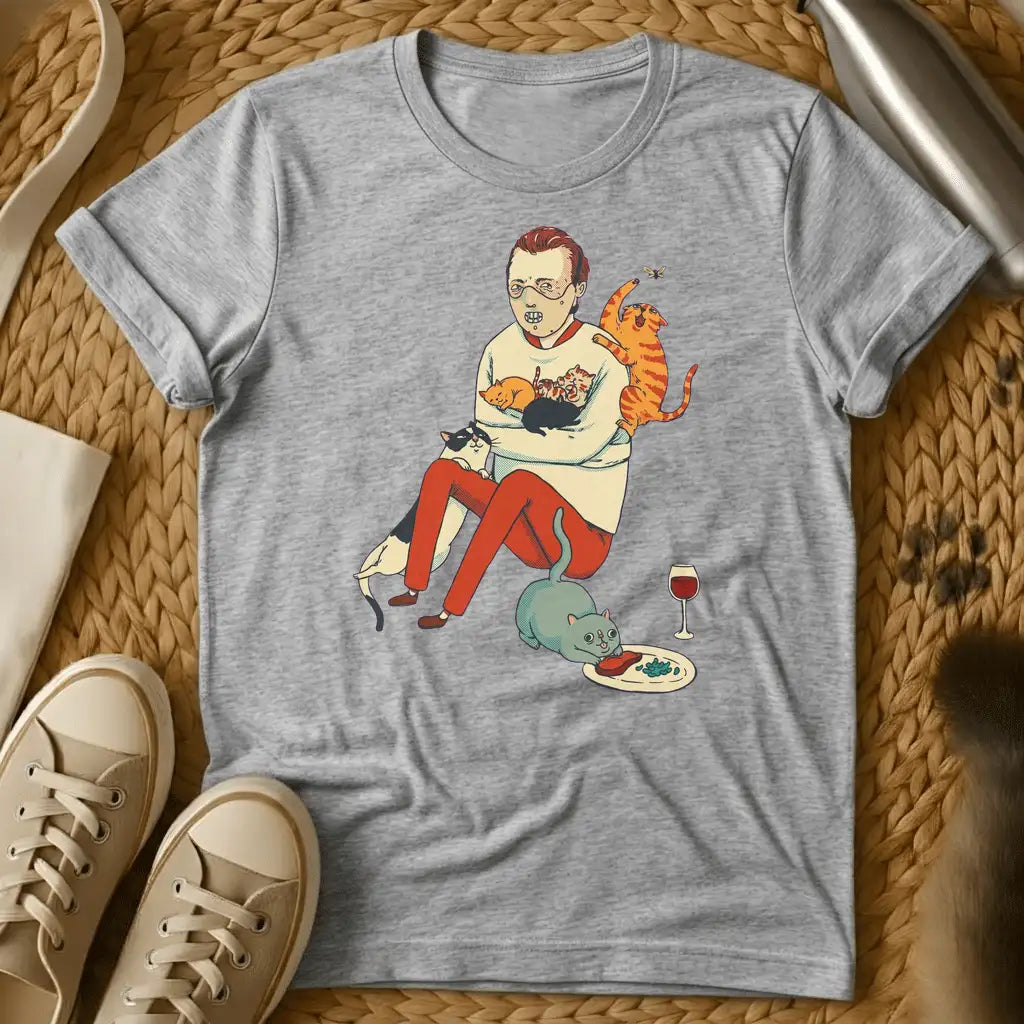 Sport Grey - Man surrounded by multiple cats in humorous illustration style on olive green t-shirt