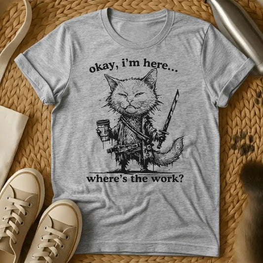 Sport Grey - Military green t-shirt with a grumpy armored warrior cat holding coffee and a sword with humorous text