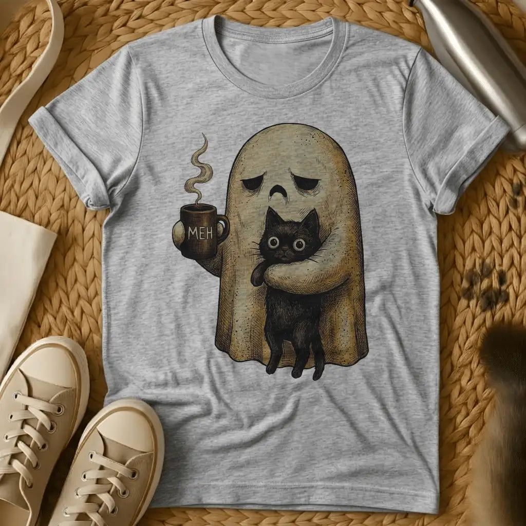 Sport Grey - Ghost holding coffee mug with black cat, saying "MEH" on sage green t-shirt, illustrated style