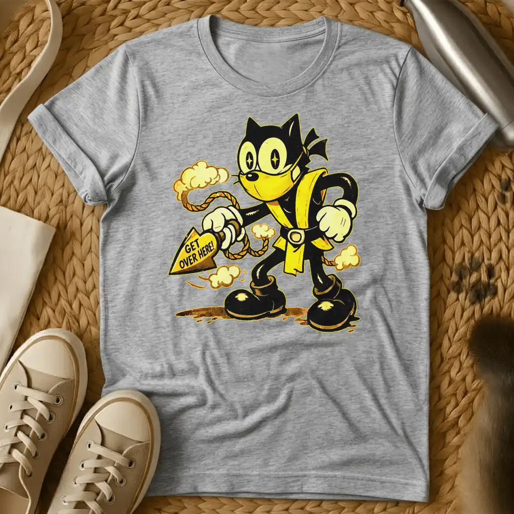 Sport Grey - Green t-shirt with a retro rubber-hose cartoon cat in ninja gear throwing a rope spear reading Get Over Here surrounded by smoke clouds