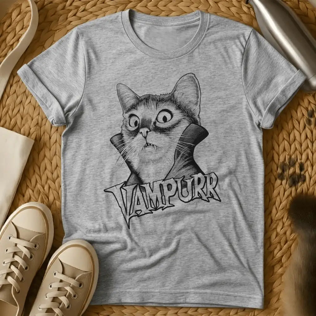 Sport Grey - Gray t-shirt with black ink engraving of a wide-eyed fanged cat in a vampire cape collar above the text VAMPURR