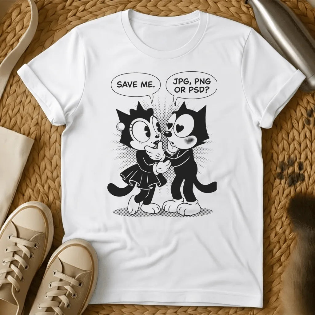 White - Olive green t-shirt with retro cartoon cats in speech bubble comic style debating JPG PNG or PSD file formats