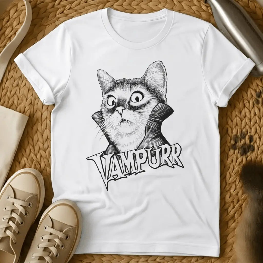 White - Gray t-shirt with black ink engraving of a wide-eyed fanged cat in a vampire cape collar above the text VAMPURR