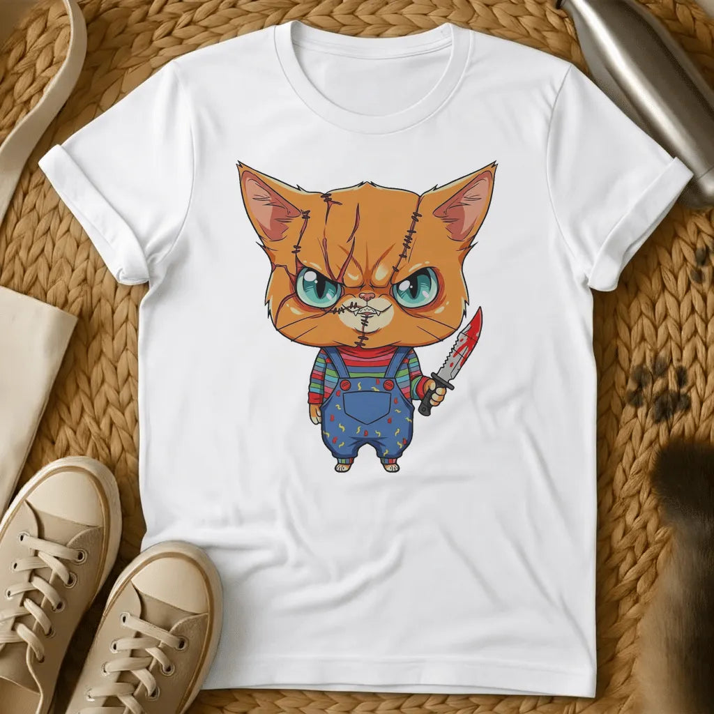 White - Olive green t-shirt with a chibi scarred orange tabby cat in striped shirt and overalls holding a bloody knife