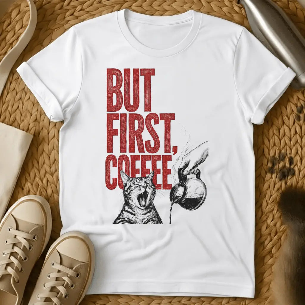White - Light blue t-shirt with a screaming tabby cat and coffee carafe illustration and red distressed But First Coffee text