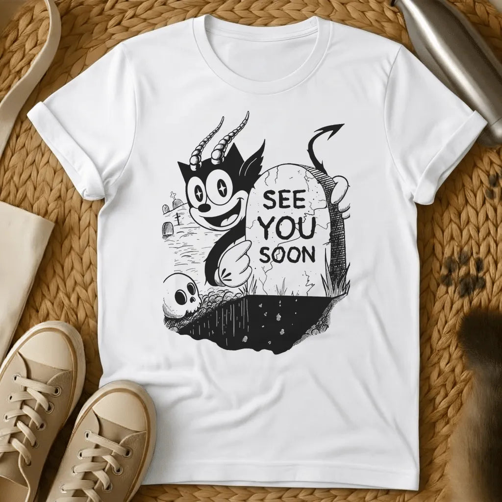 White - Gray t-shirt with black cartoon demon character and "See You Soon" text in vintage horror illustration style