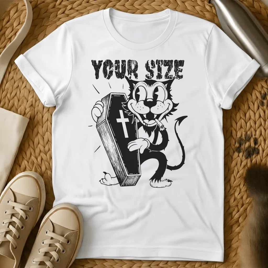 White - Navy blue t-shirt with white graphic of cartoon cat holding coffin with cross, text reads "YOUR SIZE" in distressed font style
