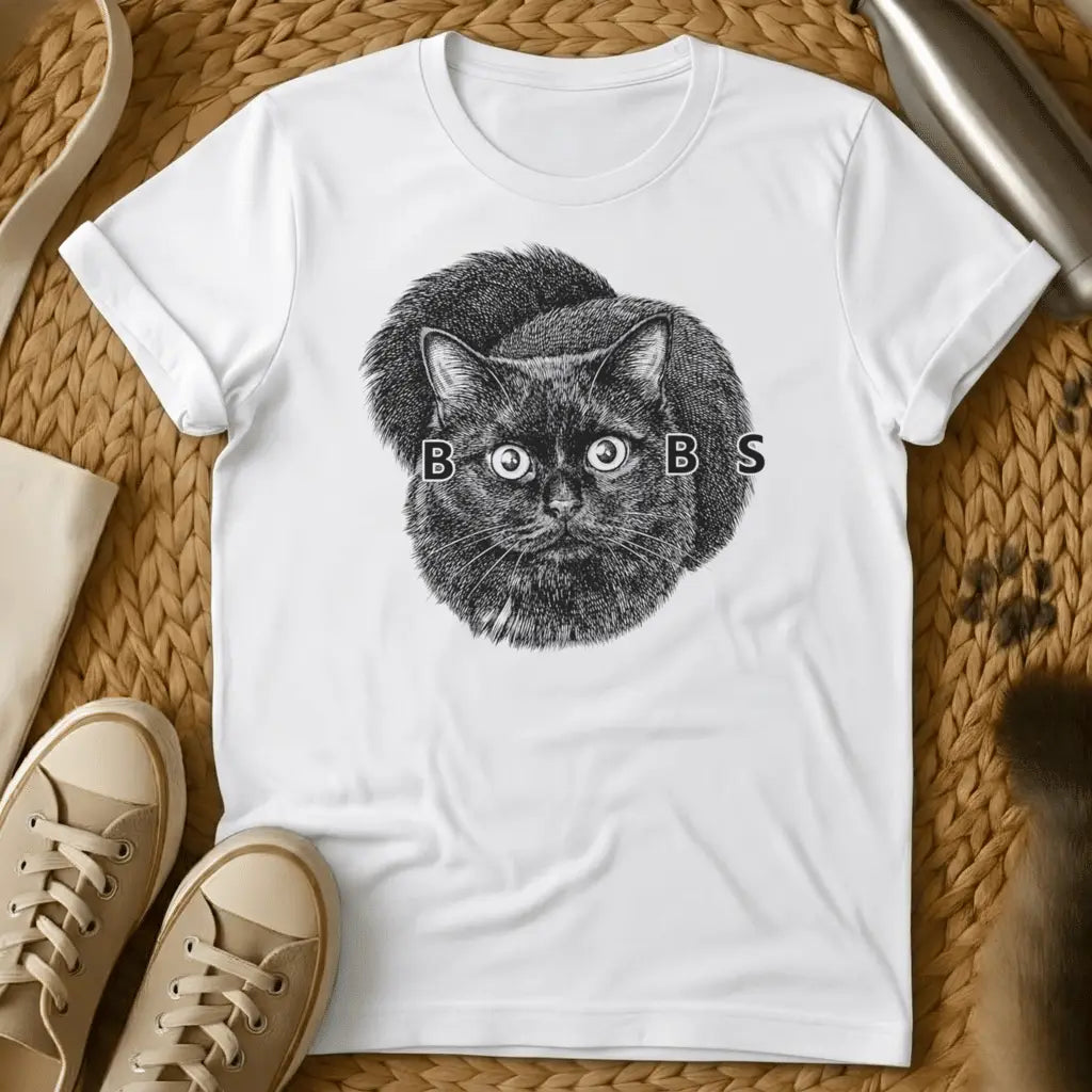 White - Military green t-shirt with vintage engraving of a round black cat, wide eyes forming the O's in the word BOOBS