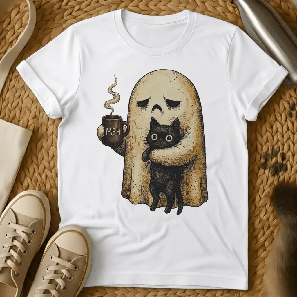 White - Ghost holding coffee mug with black cat, saying "MEH" on sage green t-shirt, illustrated style