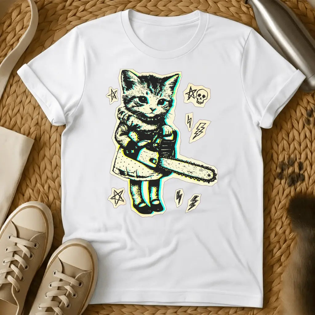 White - Military green t-shirt with a neon retro print of a kitten in boots holding a chainsaw surrounded by skulls pentagrams and lightning bolts