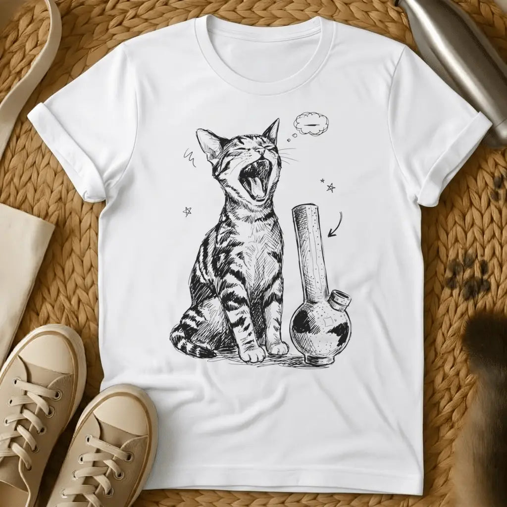 White - Military green t-shirt with black ink sketch of a yawning tabby cat sitting next to a bong with stars and empty thought bubble