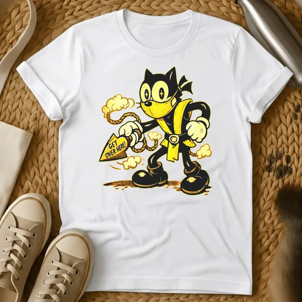 White - Green t-shirt with a retro rubber-hose cartoon cat in ninja gear throwing a rope spear reading Get Over Here surrounded by smoke clouds