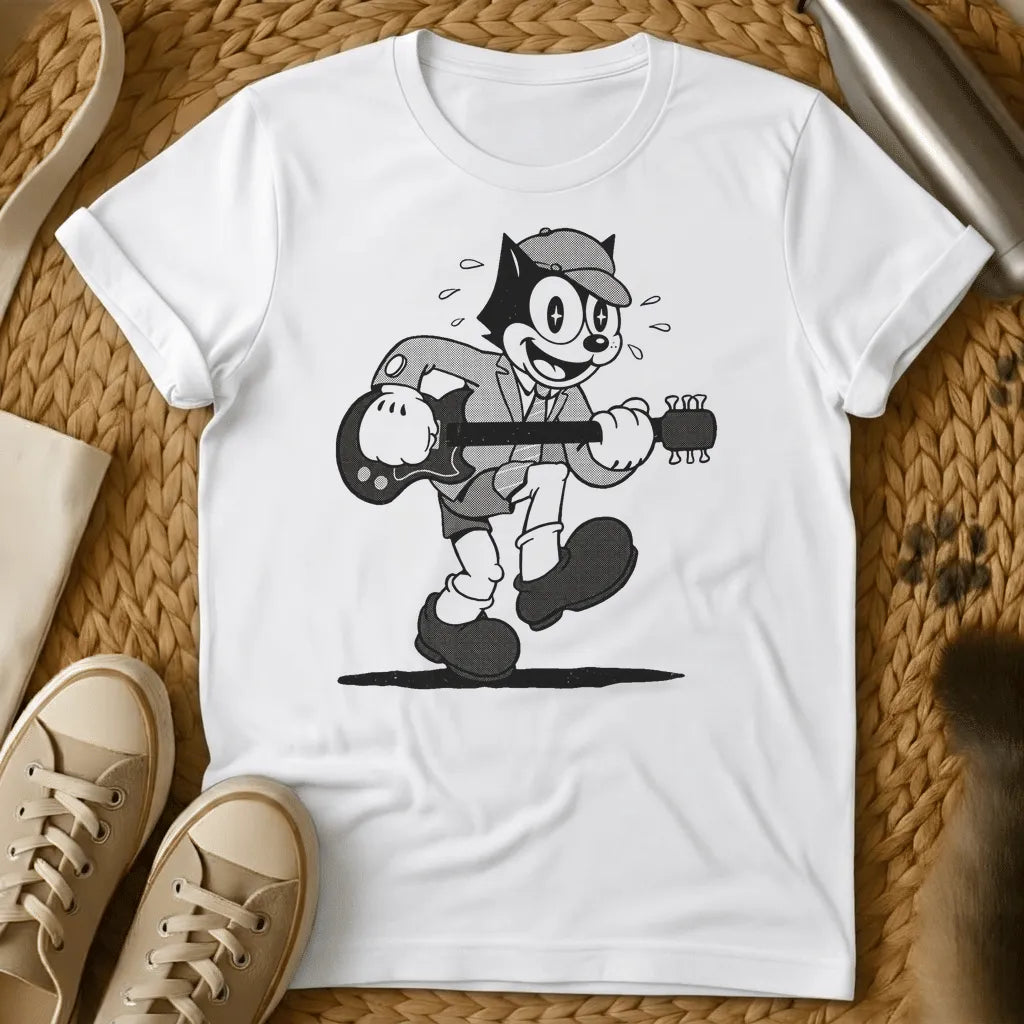 White - Dark brown t-shirt with a cream retro 1930s cartoon cat in a newsboy cap and suit playing electric guitar mid-stride