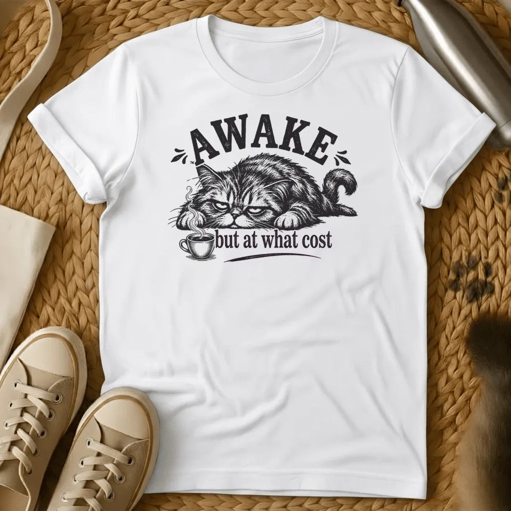 White - Navy t-shirt with a grumpy lounging cat and coffee cup illustration reading Awake But At What Cost in vintage engraving style