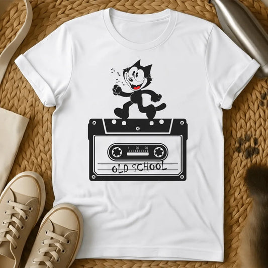 White - Navy t-shirt with a dancing cartoon cat standing on a retro cassette tape labeled Old School with musical notes floating above