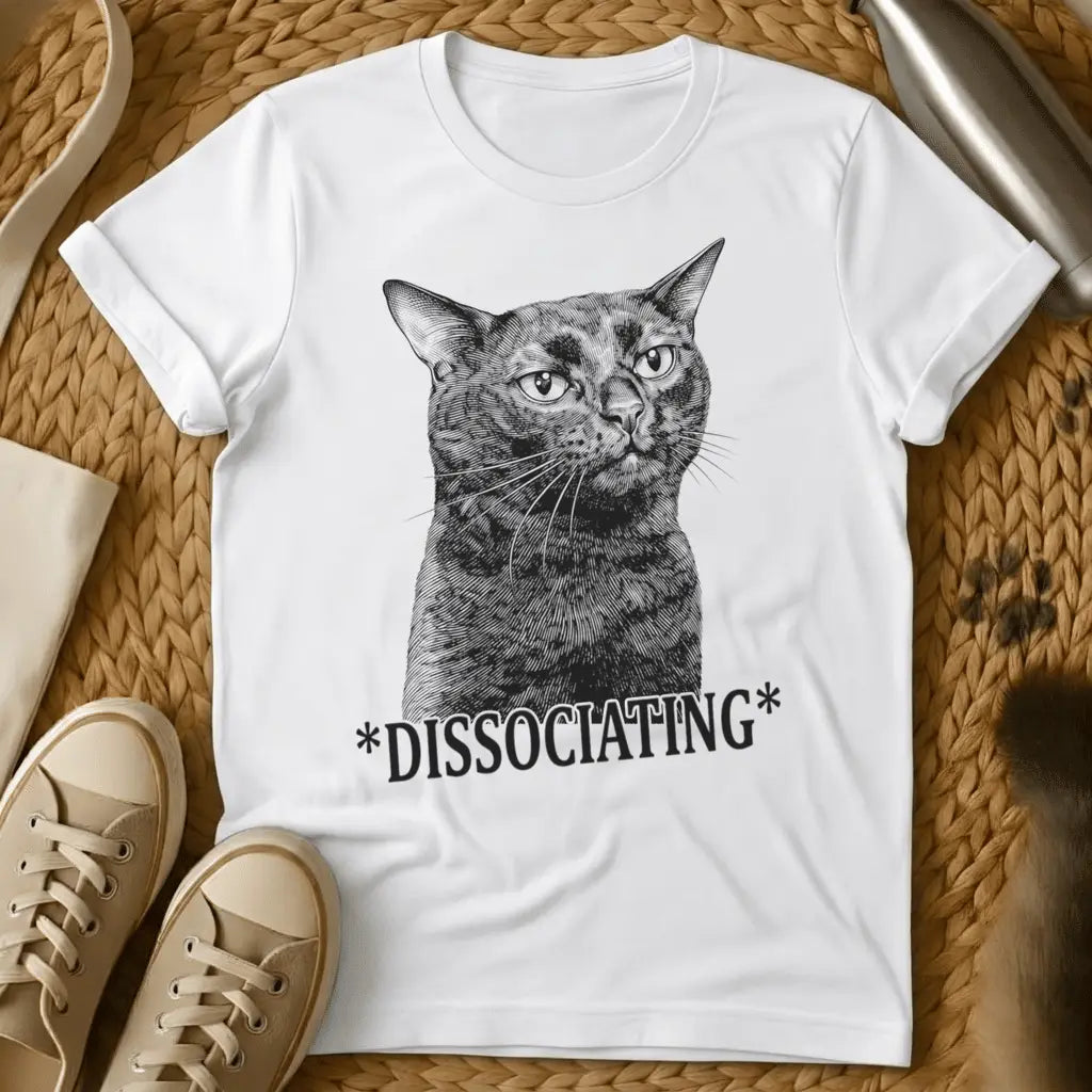 White - Olive green t-shirt with vintage engraving of a blank-staring cat and the text *DISSOCIATING* below it