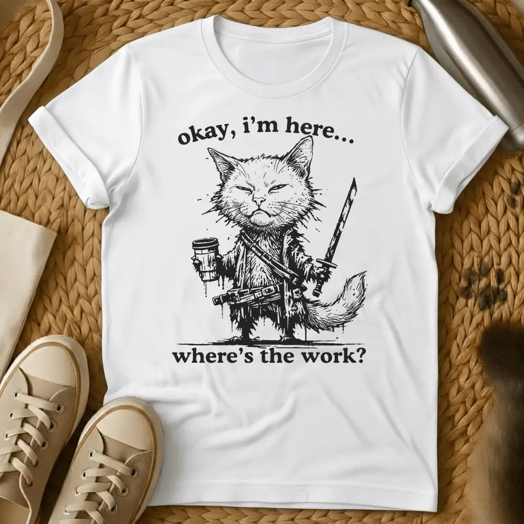 White - Military green t-shirt with a grumpy armored warrior cat holding coffee and a sword with humorous text
