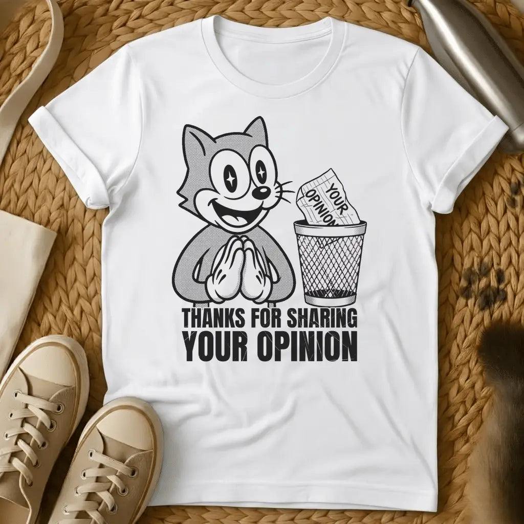 White - Military green t-shirt with retro cartoon cat grinning as a paper labeled Your Opinion lands in a wire trash can