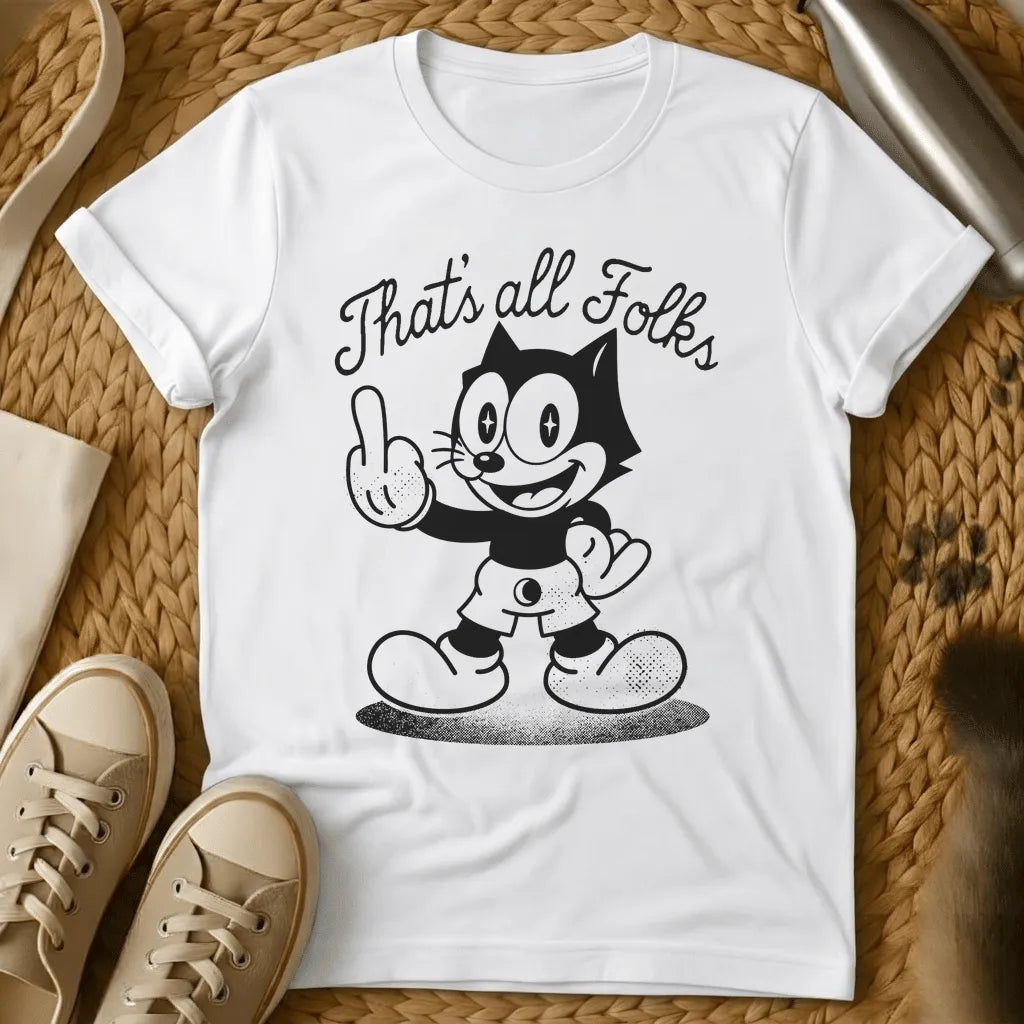 White - Gray t-shirt with a vintage rubber-hose cartoon cat giving the middle finger under the script text That's all Folks